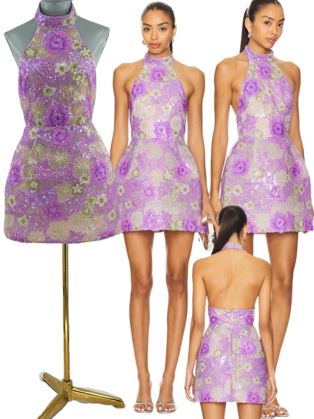 🆕 BRONX & BANCO 🧿 NWOT Deidre Floral Sequin Halter Mini Dress, Lilac Sz S US 4